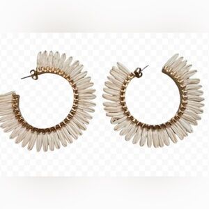Cream Colored Raffia & Gold Tone Accent Sun Design Hoop Earrings